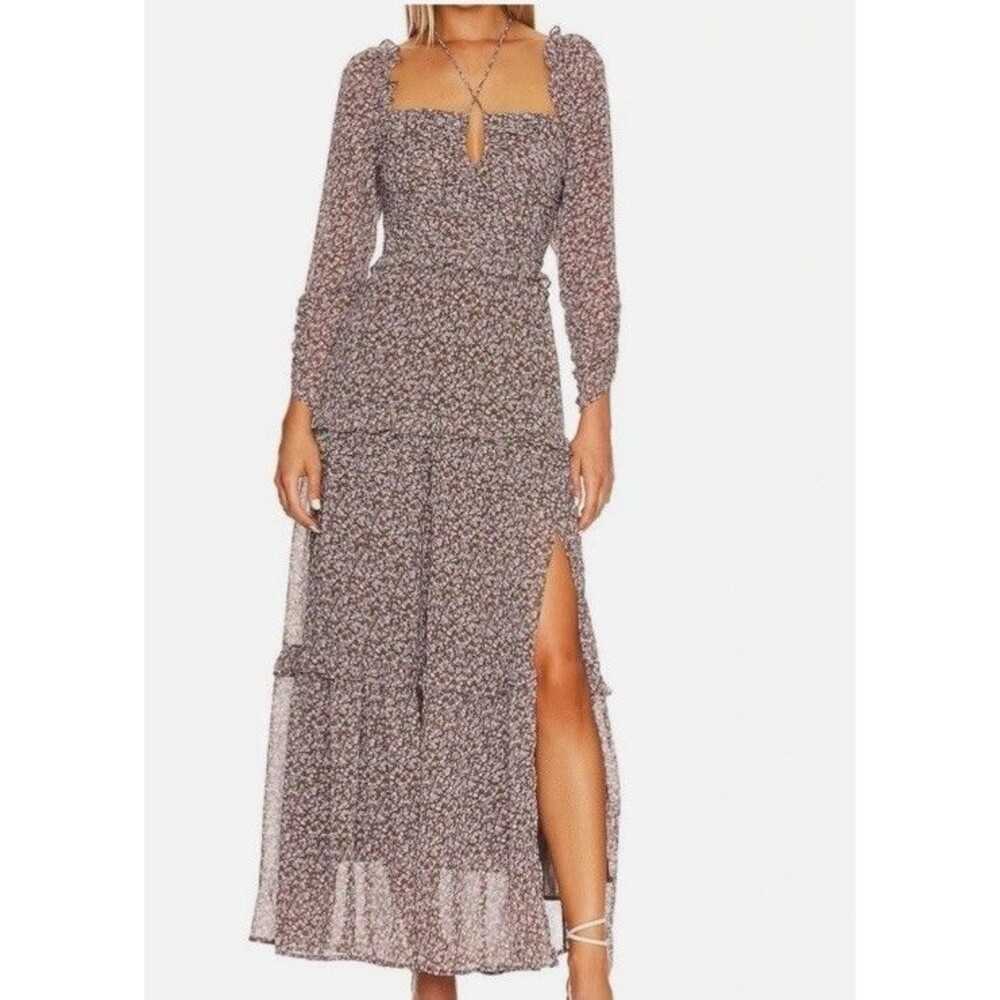 ASTR the Label Lovestruck Midi Dress Brown Purple multi floral S Cottage Core
